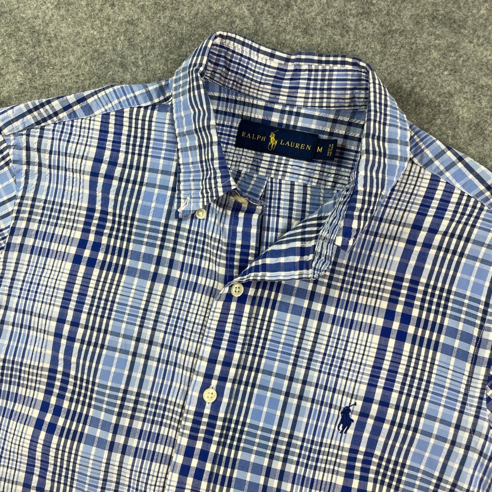 Ralph Lauren Mens Button Down Shirt M Blue and White Plaid Short Sleeve